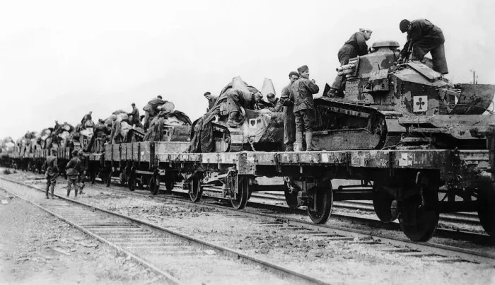 Framed Print : A train load of light French tanks 1918 being transported by the American Army in France Framed Print : A train load of light French tanks 1918 being transported by the American Army in France