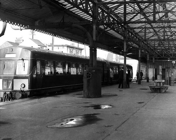 A train standing at the platform of Blyth Railway Station on 26th March, 1963