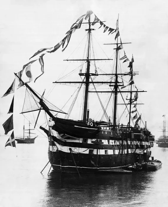 Framed Print : The training ship Warspite decorated for an inspection of Prince Louis of Battenbury Framed Print : The training ship Warspite decorated for an inspection of Prince Louis of Battenbury