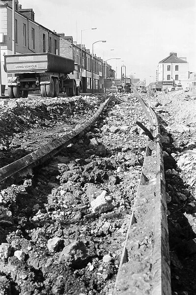 Tram lines are dug up on Newport Road, Middlesbrough. 1973