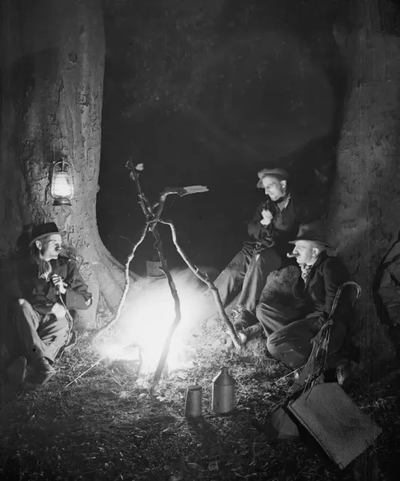 Framed Print : Tramps at night by a camp fire Circa 1930 Framed Print : Tramps at night by a camp fire Circa 1930