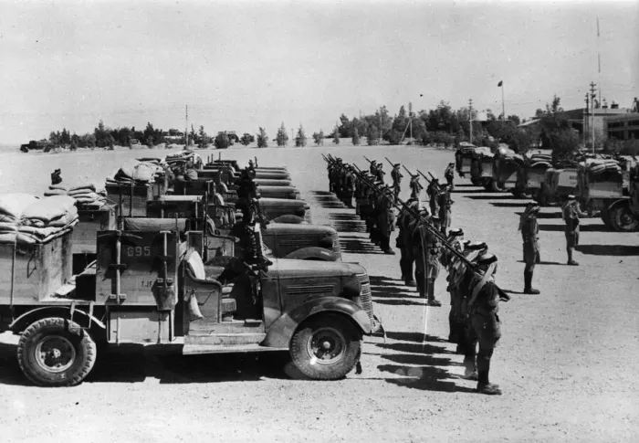 Framed Print : Transjordan mechanised squadron on parade before a patrol on the Syrian border. June 1941 Framed Print : Transjordan mechanised squadron on parade before a patrol on the Syrian border. June 1941