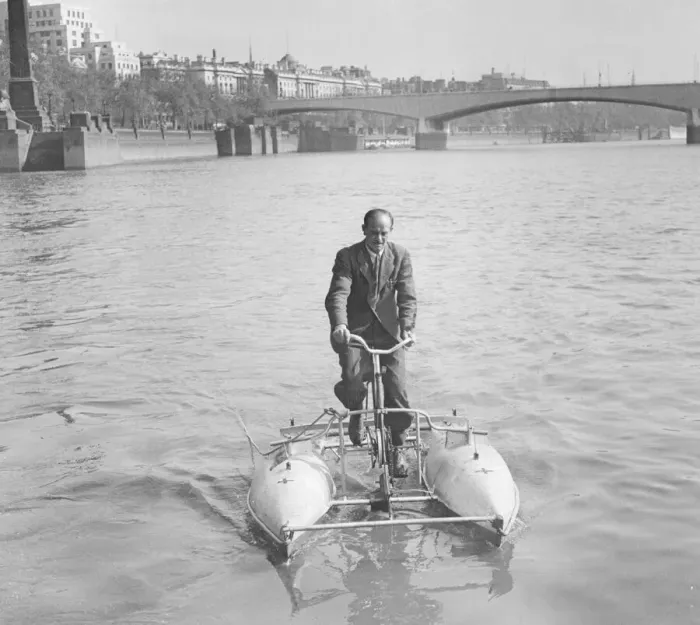 Framed Print : Transport Bicycles Amphibians Watercycle April 1949 William Rackliffe riding his Framed Print : Transport Bicycles Amphibians Watercycle April 1949 William Rackliffe riding his