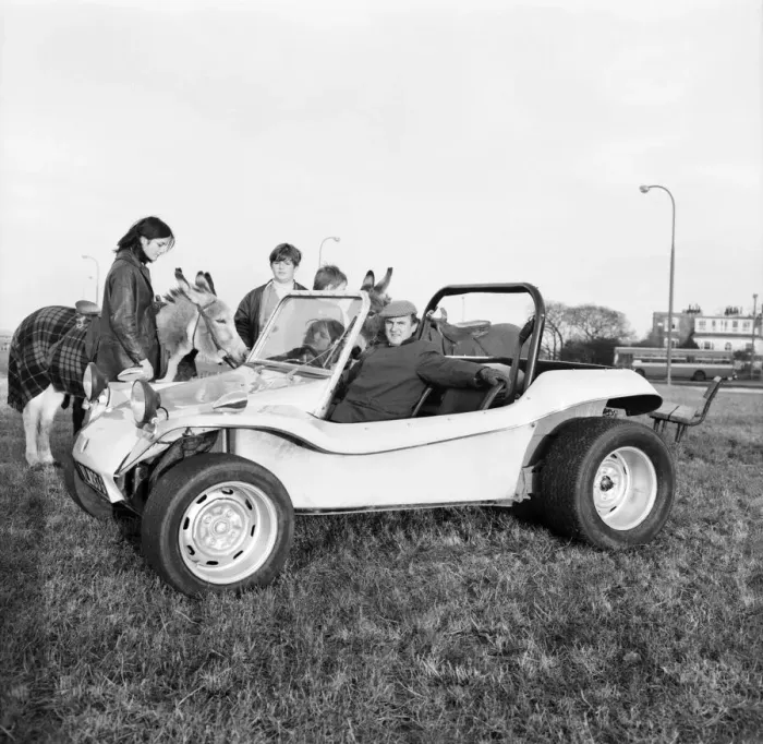 Framed Print : Transport. Motor cars. The new GP Bugle Buggy, an open roadster with a tough fibreglass Framed Print : Transport. Motor cars. The new GP Bugle Buggy, an open roadster with a tough fibreglass