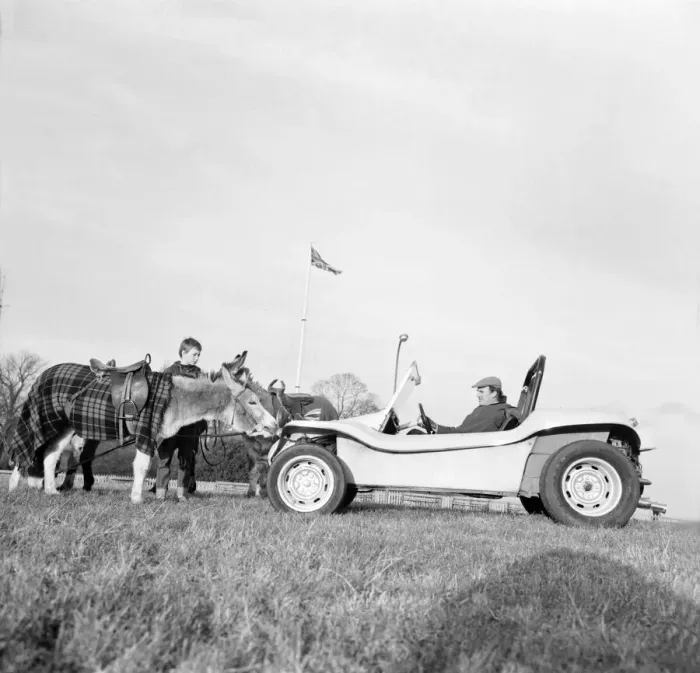 Framed Print : Transport. Motor cars. The new GP Bugle Buggy, an open roadster with a tough fibreglass Framed Print : Transport. Motor cars. The new GP Bugle Buggy, an open roadster with a tough fibreglass