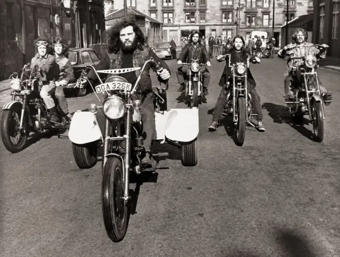 Framed Print : Transport Motorbikes. Billy Gordon of Glasgow rides his home built tricycle powered by a