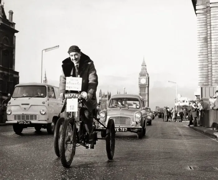 Framed Print : Transport: Tricycle 1966 London - Brighton vetran car race Big Ben, 1960s