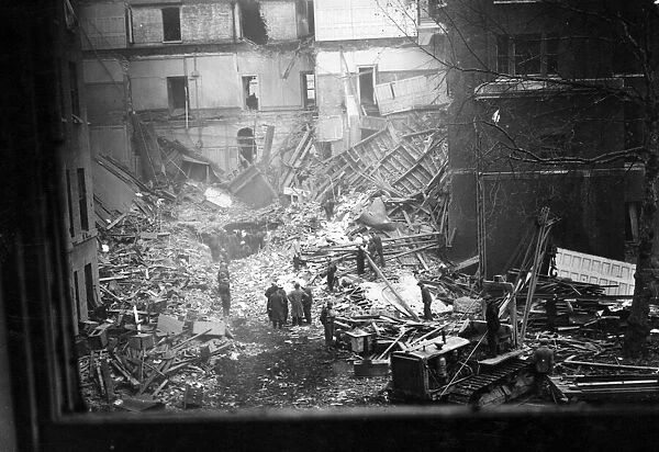 The Treasury, Whitehall, after being hit by a bomb. Circa 1940