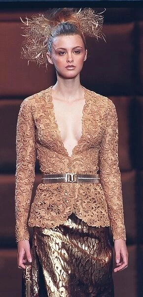 Trish Goff models Valentino at Paris fashion show Belted embroidery englaise