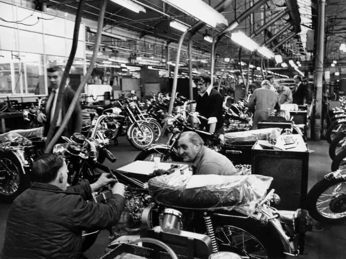 Framed Print : Triumph motor cycles once more rolling off the assembly lines at Meriden Framed Print : Triumph motor cycles once more rolling off the assembly lines at Meriden