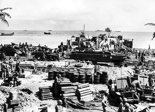 US troops unload their supplies onto a beach in the Marshall Islands in the Pacific Ocean