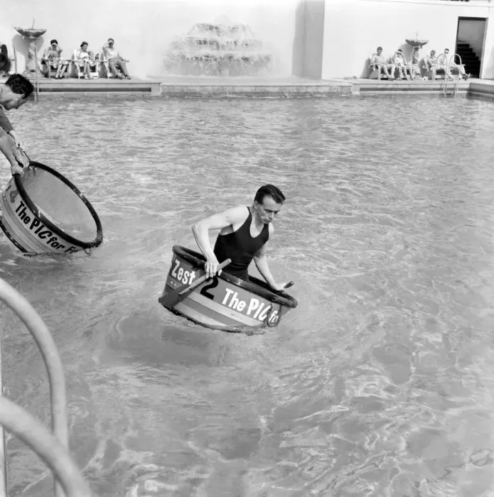 Framed Print : Tub racing at the Brighton Ocean Hotel Lido. The tub racing competition was sponsored by Framed Print : Tub racing at the Brighton Ocean Hotel Lido. The tub racing competition was sponsored by