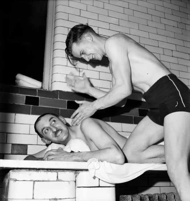 Framed Print : Turkish bath assistant Ernest Smith giving a massage to a customer