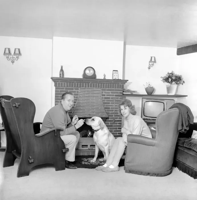 Framed Print : TV actor Hugh Lloyd seen here at home with his wife and pet dog. 1960 A1098