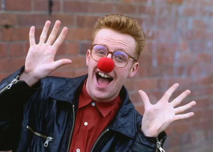 Framed Print : TV presenter Bryan Burnett wearing a red nose 1990