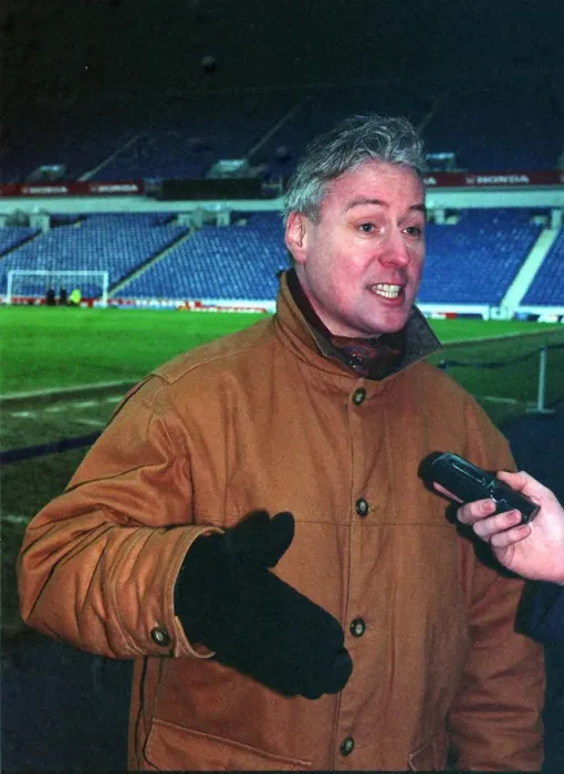 Framed Print : TV Presenter Jim White at Ibrox Stadium being interviewed - February 1998