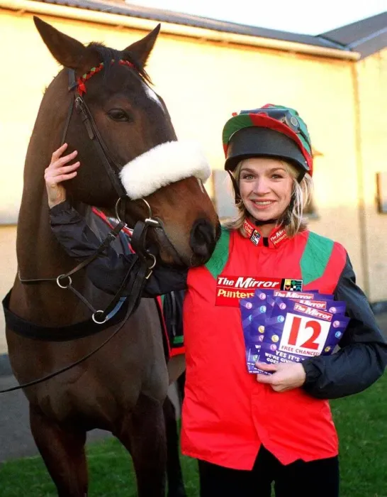 Framed Print : Tv Presenter Zoe Ball dressed in Mirror racing colours with Avro Anson - the horse Framed Print : Tv Presenter Zoe Ball dressed in Mirror racing colours with Avro Anson - the horse