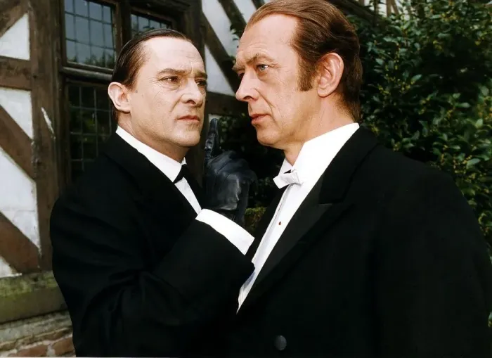 Framed Print : TV Programme Sherlock Holmes starring actor Jeremy Brett and actor Roy Marsden