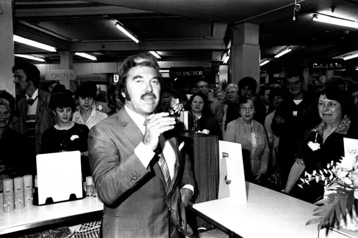 Framed Print : TV sports personality Dickie Davies was a guest of honour at Binns department store in