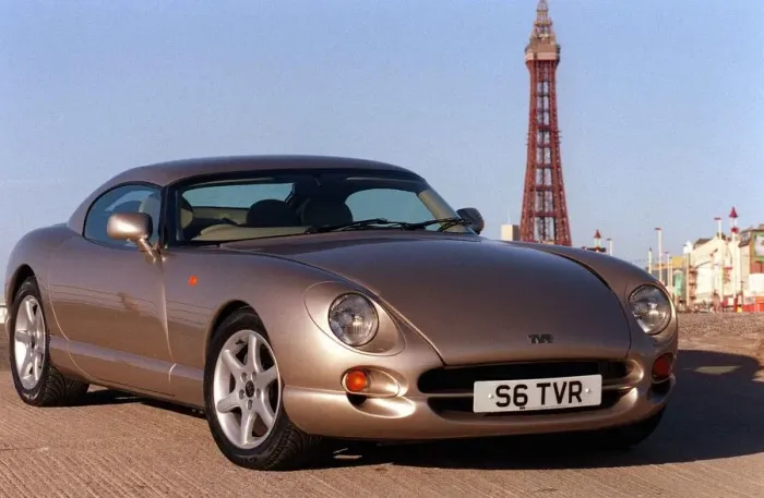 Framed Print : TVR car February 1999 Road Record TVR speed six in Blackpool Tower in background