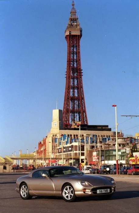 Framed Print : TVR car February 1999 Road Record TVR speed six in Blackpool Tower in background Framed Print : TVR car February 1999 Road Record TVR speed six in Blackpool Tower in background