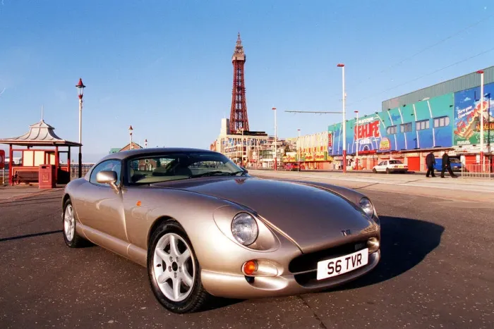 Framed Print : TVR car February 1999 Road Record TVR speed six in Blackpool Tower in background Framed Print : TVR car February 1999 Road Record TVR speed six in Blackpool Tower in background