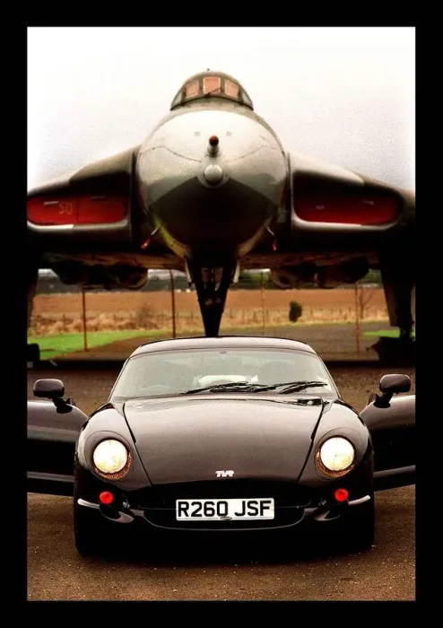 Framed Print : TVR Cerbera car February 1998 doors open headlights plane
