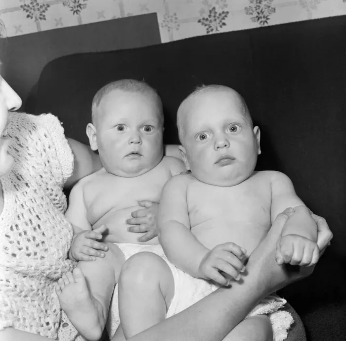 Framed Print : Twins Ian and Robert Kearns who both weighed eight pounds two ounces when they were born Framed Print : Twins Ian and Robert Kearns who both weighed eight pounds two ounces when they were born