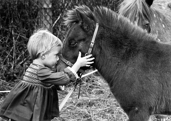 Two-year-old Serena Marler face to face with her pet Shetland pony, Delhi