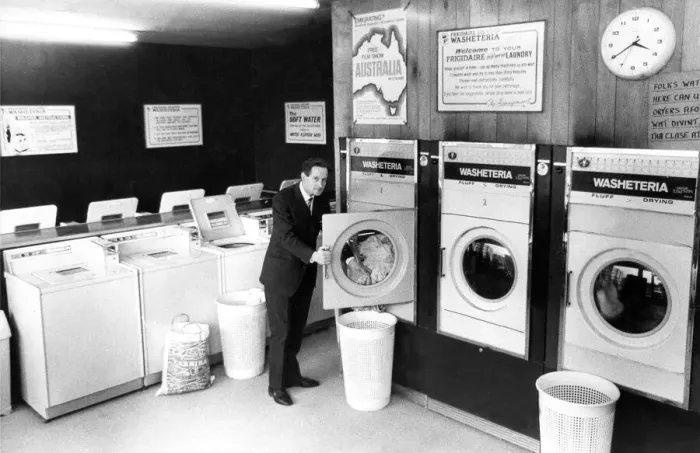 Framed Print : A typical laundry in February 1970. The Washeteria at Boston Court Framed Print : A typical laundry in February 1970. The Washeteria at Boston Court
