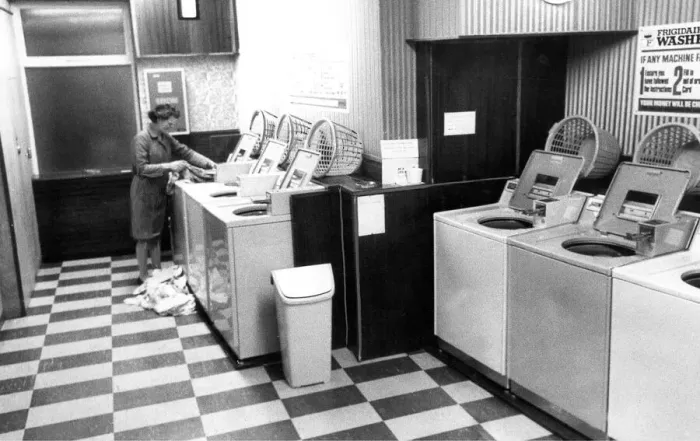 Framed Print : A typical laundry in January 1970. The Washeteria self service laundry