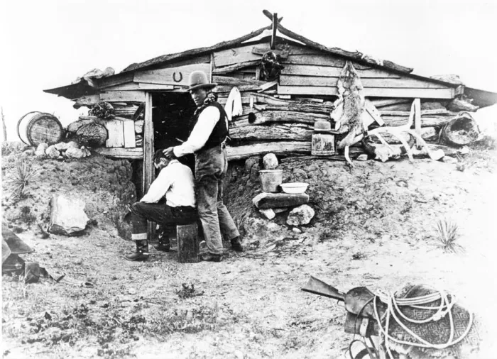 Framed Print : Typical rough bunkhouse for cowboys on the trail at the turn of the century in USA