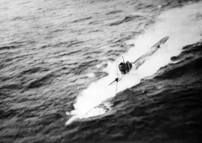 Framed Print : A U-boat in the act of crash diving following interception by Liberator aircraft Framed Print : A U-boat in the act of crash diving following interception by Liberator aircraft