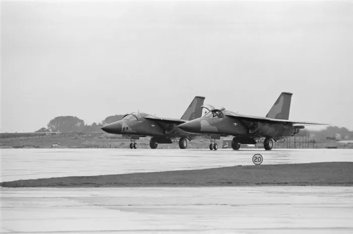 Framed Print : Two U. S. A. F F111 aircraft fly into U. S. A. F, Heyford. Colonel G