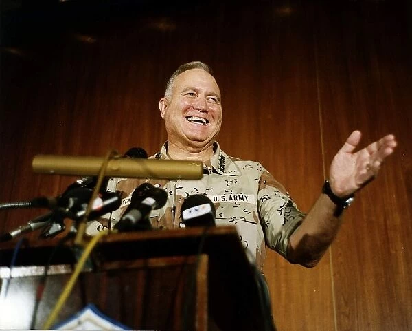 U. S. Army General Norman Schwarzkopf makes a statement as he talks at the podium