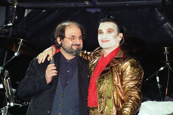 U2 in concert, Zoo TV Tour, Wembley Stadium. Bono With Salman Rushdie. 11th August 1993