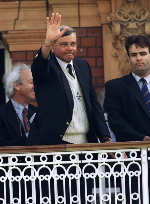 Framed Print : Umpire Dickie Bird wipes a tear from his eye as he stands on the balcony at the end of Framed Print : Umpire Dickie Bird wipes a tear from his eye as he stands on the balcony at the end of
