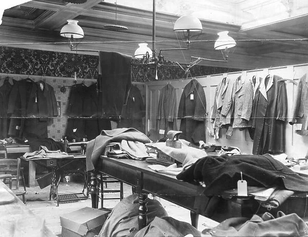 Unfinished garments in tailors workroom, due to tailors strike, Conduit Street, London