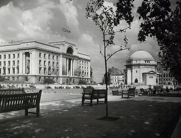 Union Jack flying over Baskerville House, overlooking the Hall of Memory in Birmingham