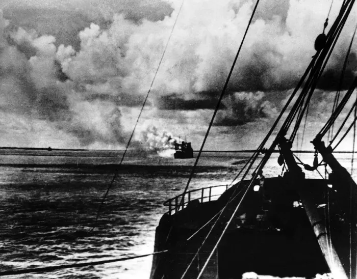 Framed Print : The United States army troop ship Meigs'blazing after being hit during a Framed Print : The United States army troop ship Meigs'blazing after being hit during a