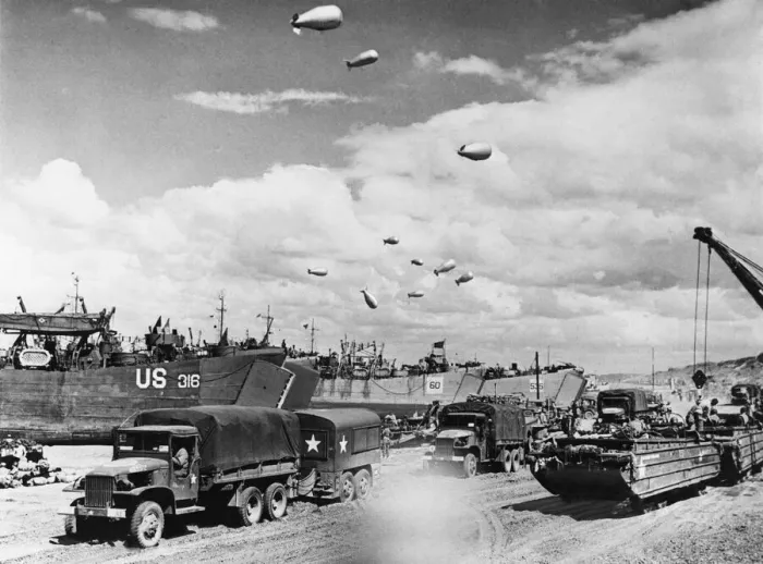 Framed Print : Unloading of equipment into a beach from LSTs (Landing Ship Framed Print : Unloading of equipment into a beach from LSTs (Landing Ship