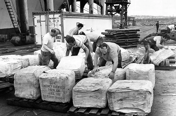 Unloading rubber at Cardiff Docks. 13th July 1976