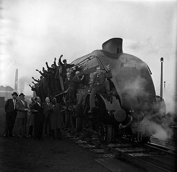 The unmistakable cuvring bulk of a Gresley Class A4 Pacific express locomotive is graced