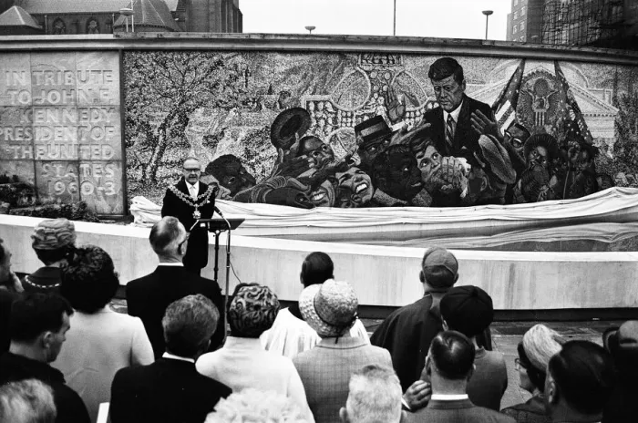 Framed Print : Unveiling of President Kennedy 160, 000 piece memorial mosaic, located in Kennedy Gardens Framed Print : Unveiling of President Kennedy 160, 000 piece memorial mosaic, located in Kennedy Gardens