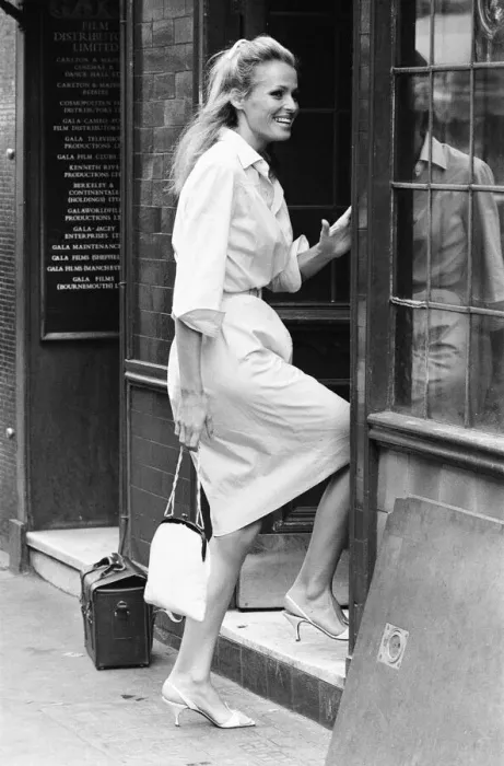 Framed Print : Ursula Andress, Swiss actress, pictured outside the offices of Gala Films Limited, London