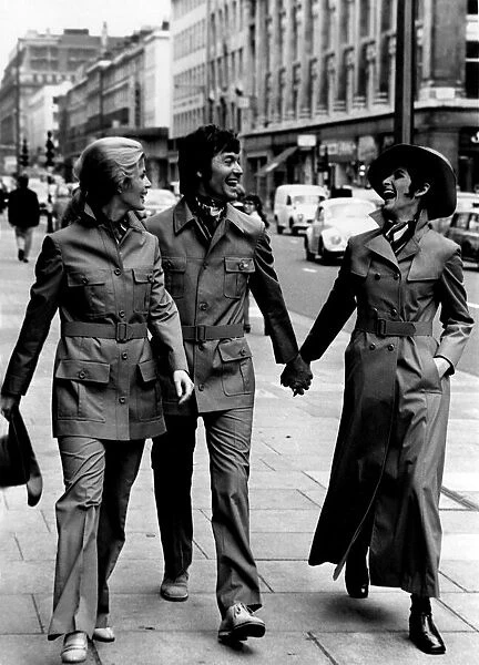 Ursula Klamet and Ken Swift in safari suits, Paula Daly in raincoat. October 1969 P009271