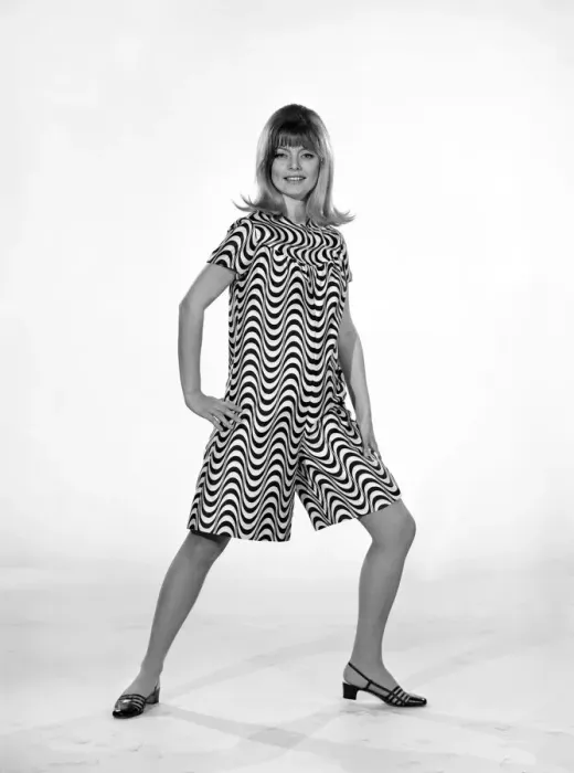 Framed Print : Uschie Bernell modelling beach dress / trouser in Reveille Studios 1965 Framed Print : Uschie Bernell modelling beach dress / trouser in Reveille Studios 1965