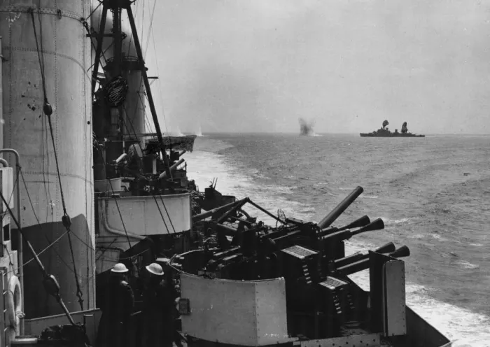 Framed Print : USS Quincy, (radar and radio aerials painted out by censor ) seen from HMS Enterprise Framed Print : USS Quincy, (radar and radio aerials painted out by censor ) seen from HMS Enterprise