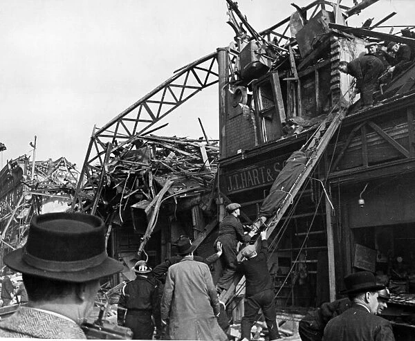V bomb incident at Farringdon Road, London. Removing casualties. 8th March 1945