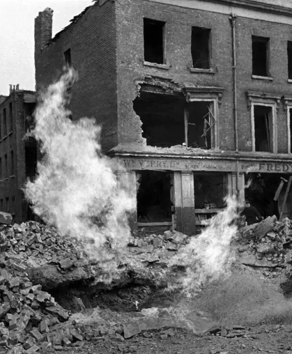 Framed Print : V1 Flying bomb incident at East Smithfield causing damage